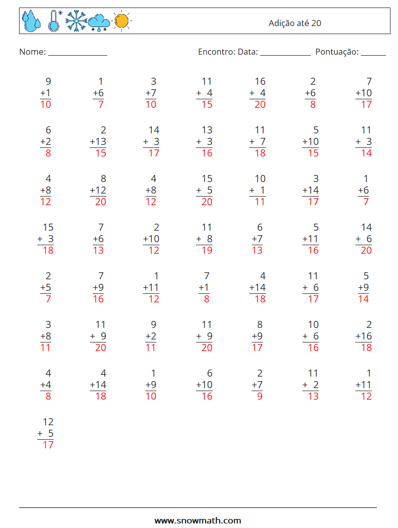 (50) Adição até 20 planilhas matemáticas 9 Pergunta, Resposta