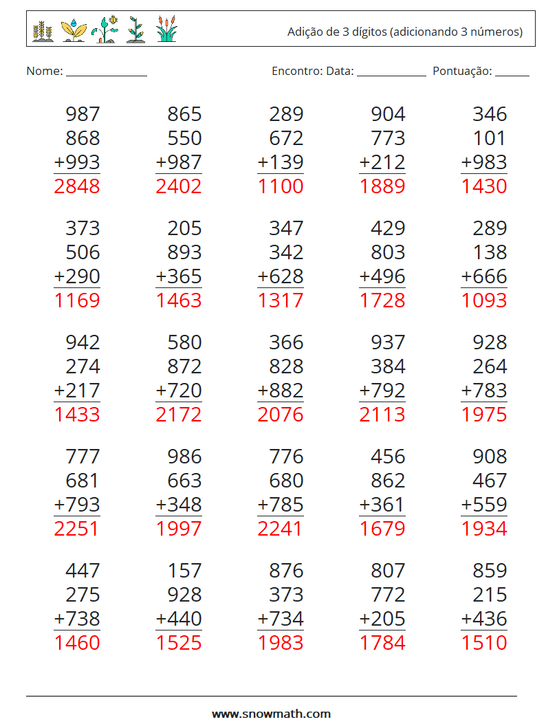 (25) Adição de 3 dígitos (adicionando 3 números) planilhas matemáticas 10 Pergunta, Resposta