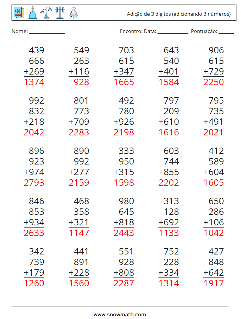 (25) Adição de 3 dígitos (adicionando 3 números) planilhas matemáticas 18 Pergunta, Resposta