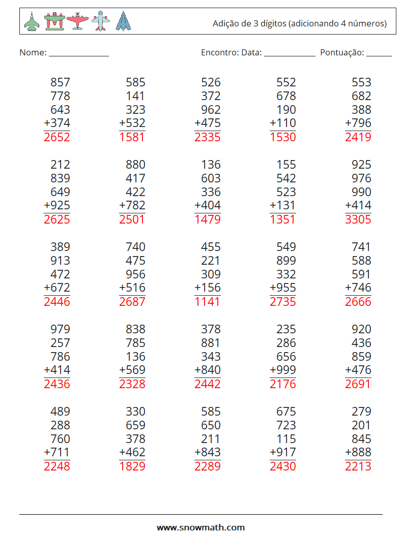 (25) Adição de 3 dígitos (adicionando 4 números) planilhas matemáticas 17 Pergunta, Resposta