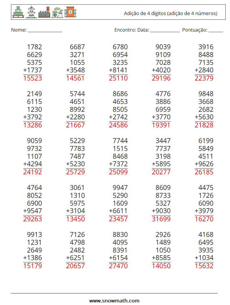 (25) Adição de 4 dígitos (adição de 4 números) planilhas matemáticas 12 Pergunta, Resposta