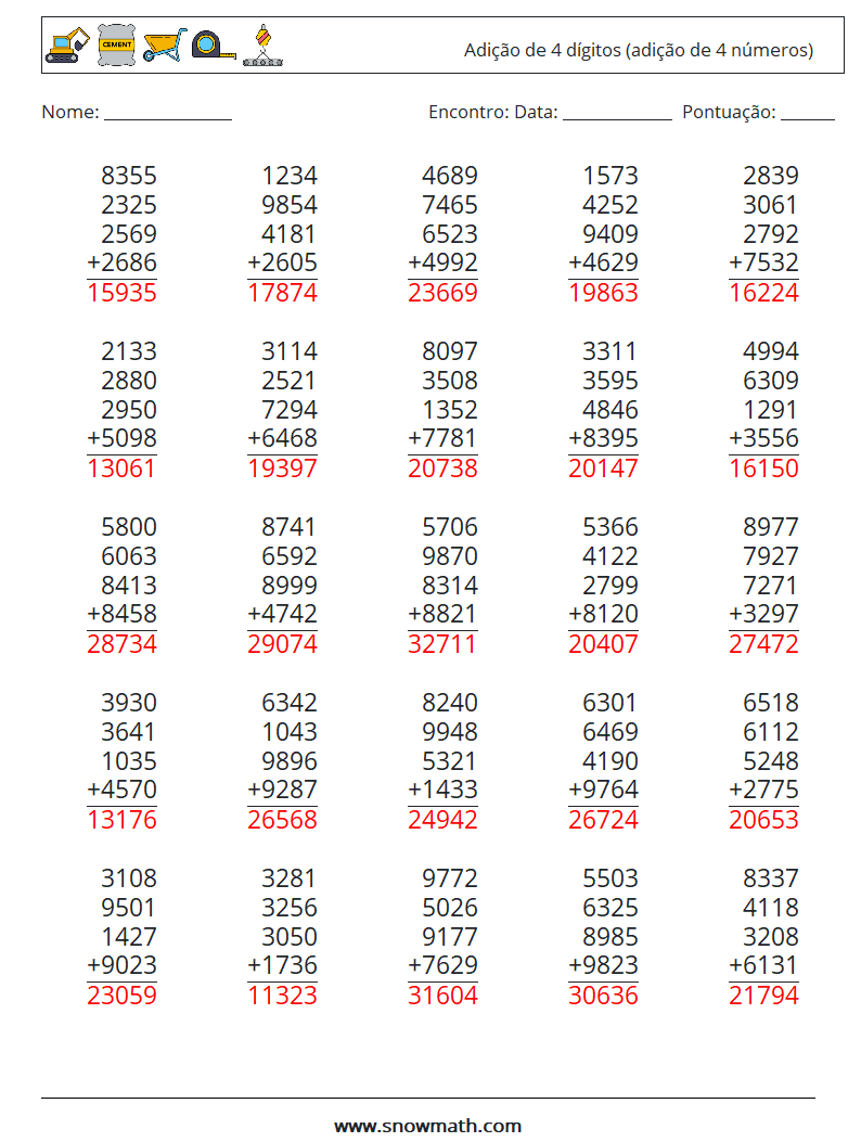 (25) Adição de 4 dígitos (adição de 4 números) planilhas matemáticas 14 Pergunta, Resposta