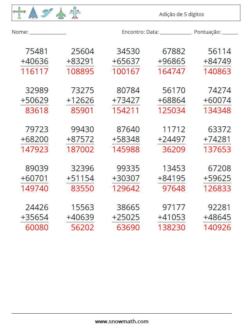 (25) Adição de 5 dígitos planilhas matemáticas 10 Pergunta, Resposta