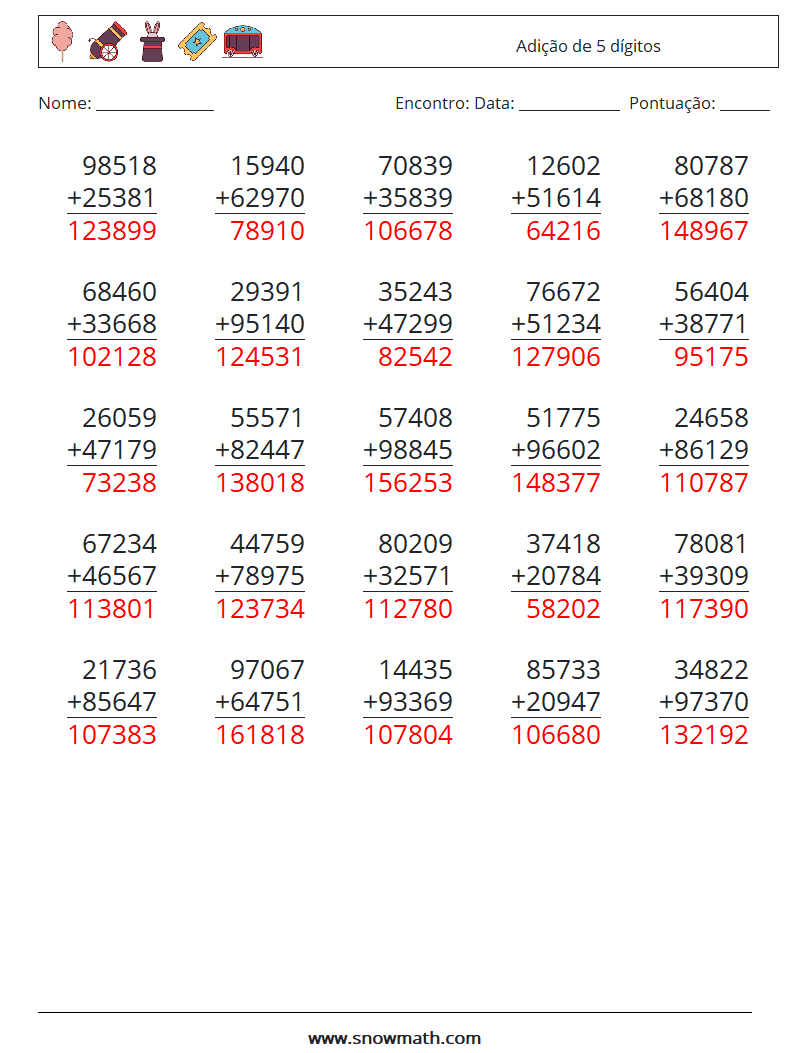 (25) Adição de 5 dígitos planilhas matemáticas 11 Pergunta, Resposta
