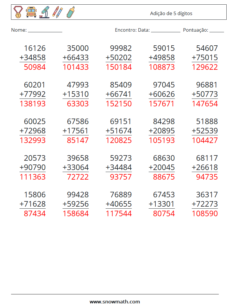 (25) Adição de 5 dígitos planilhas matemáticas 14 Pergunta, Resposta