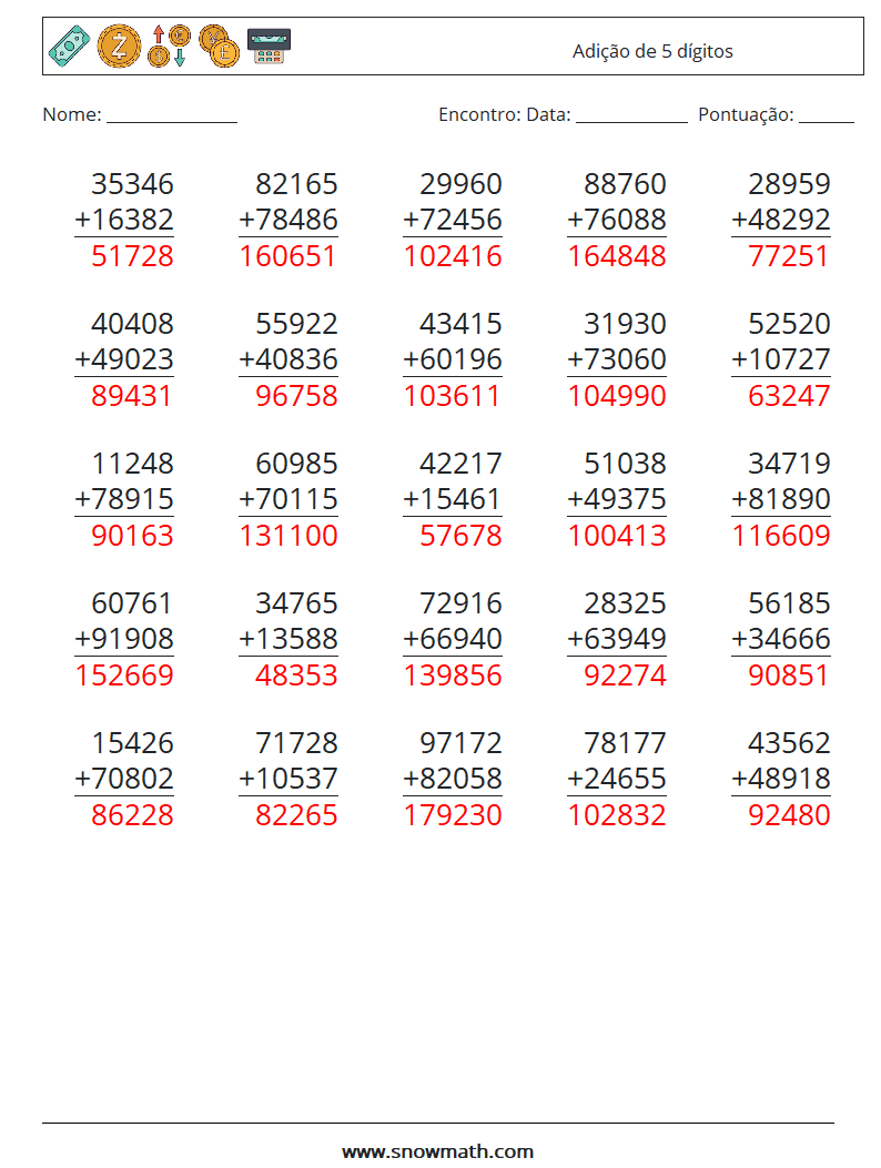 (25) Adição de 5 dígitos planilhas matemáticas 17 Pergunta, Resposta