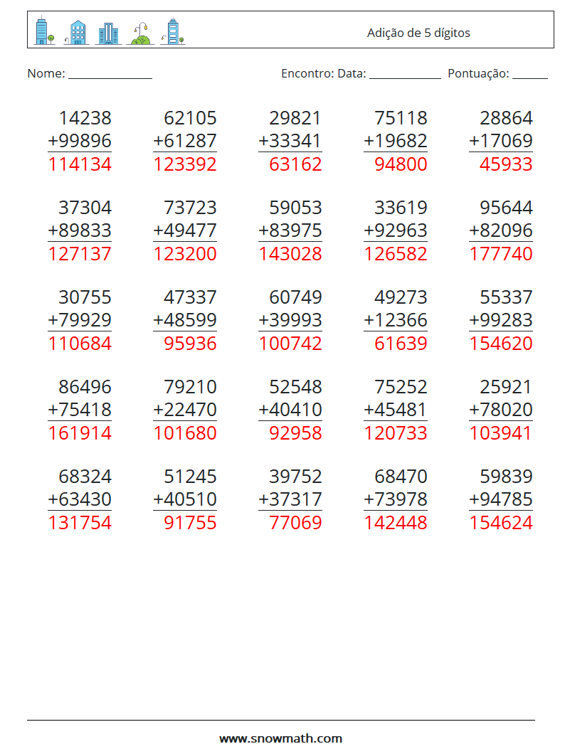 (25) Adição de 5 dígitos planilhas matemáticas 18 Pergunta, Resposta