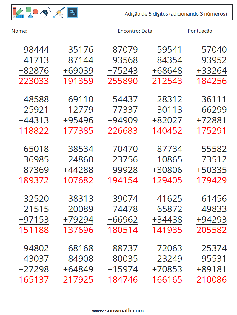 (25) Adição de 5 dígitos (adicionando 3 números) planilhas matemáticas 11 Pergunta, Resposta