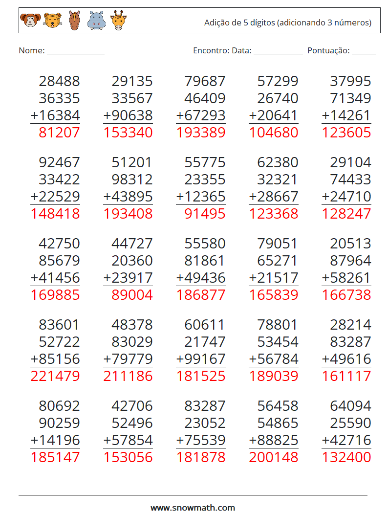 (25) Adição de 5 dígitos (adicionando 3 números) planilhas matemáticas 12 Pergunta, Resposta