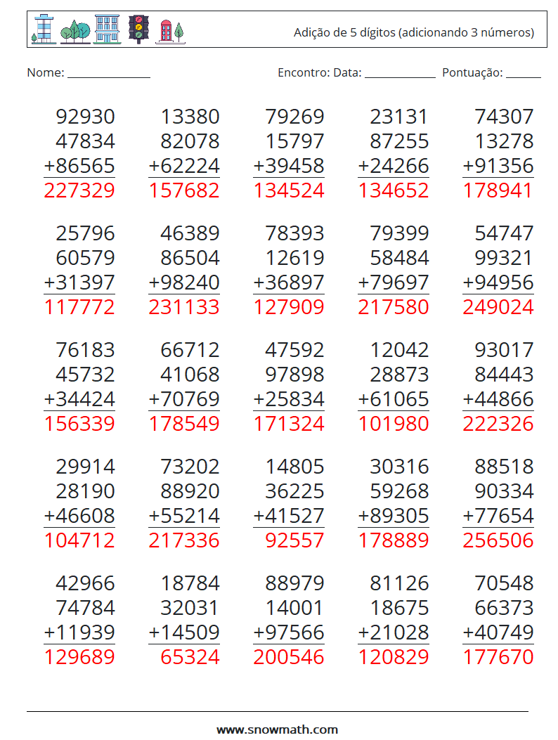 (25) Adição de 5 dígitos (adicionando 3 números) planilhas matemáticas 13 Pergunta, Resposta