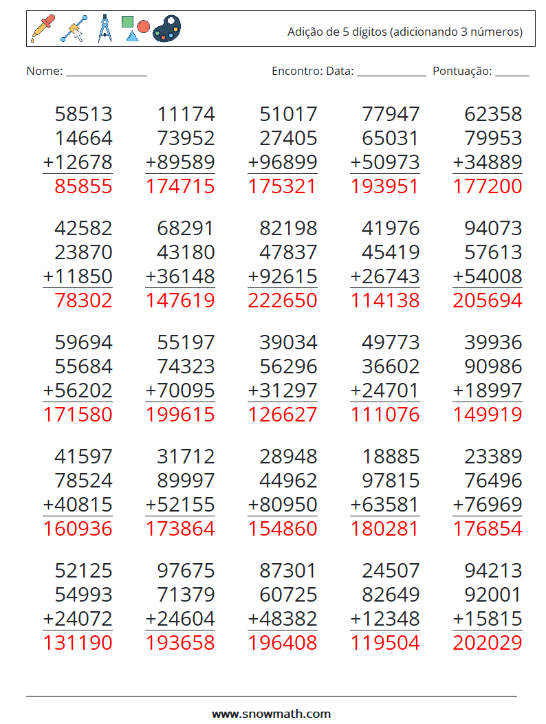 (25) Adição de 5 dígitos (adicionando 3 números) planilhas matemáticas 15 Pergunta, Resposta