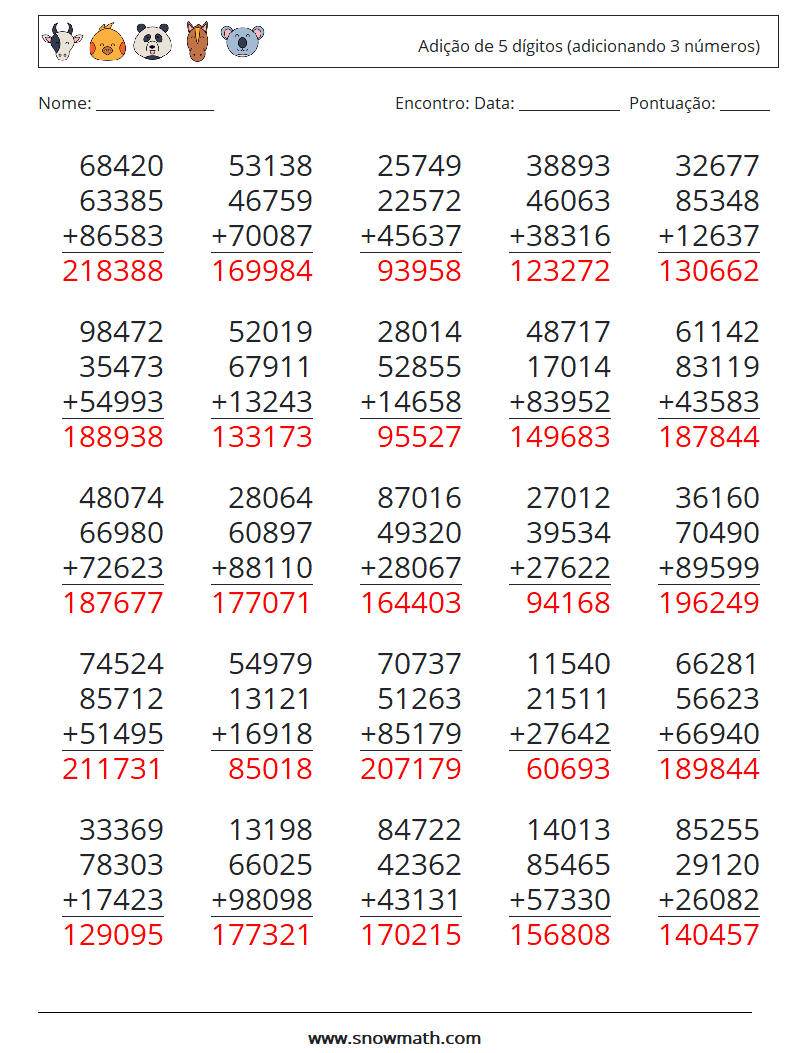 (25) Adição de 5 dígitos (adicionando 3 números) planilhas matemáticas 16 Pergunta, Resposta