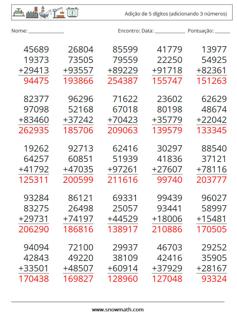 (25) Adição de 5 dígitos (adicionando 3 números) planilhas matemáticas 18 Pergunta, Resposta