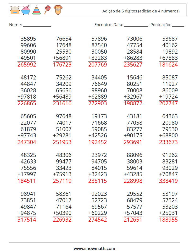 (25) Adição de 5 dígitos (adição de 4 números) planilhas matemáticas 16 Pergunta, Resposta