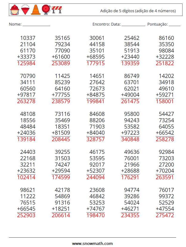 (25) Adição de 5 dígitos (adição de 4 números) planilhas matemáticas 17 Pergunta, Resposta