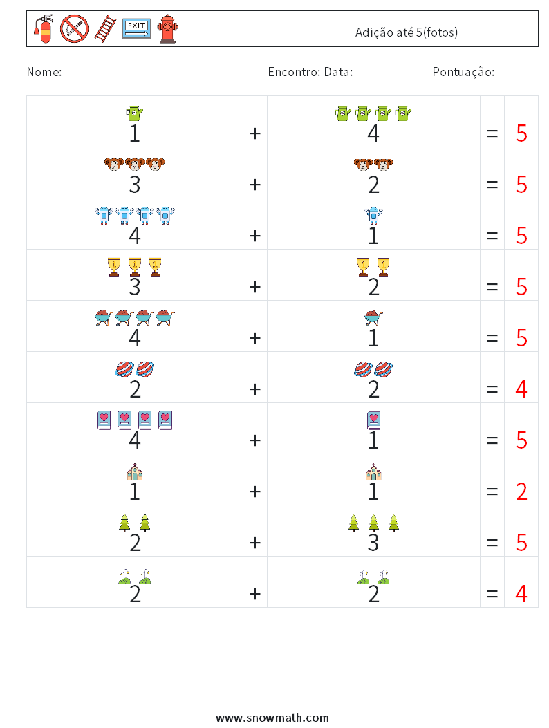 Adição até 5(fotos) planilhas matemáticas 10 Pergunta, Resposta