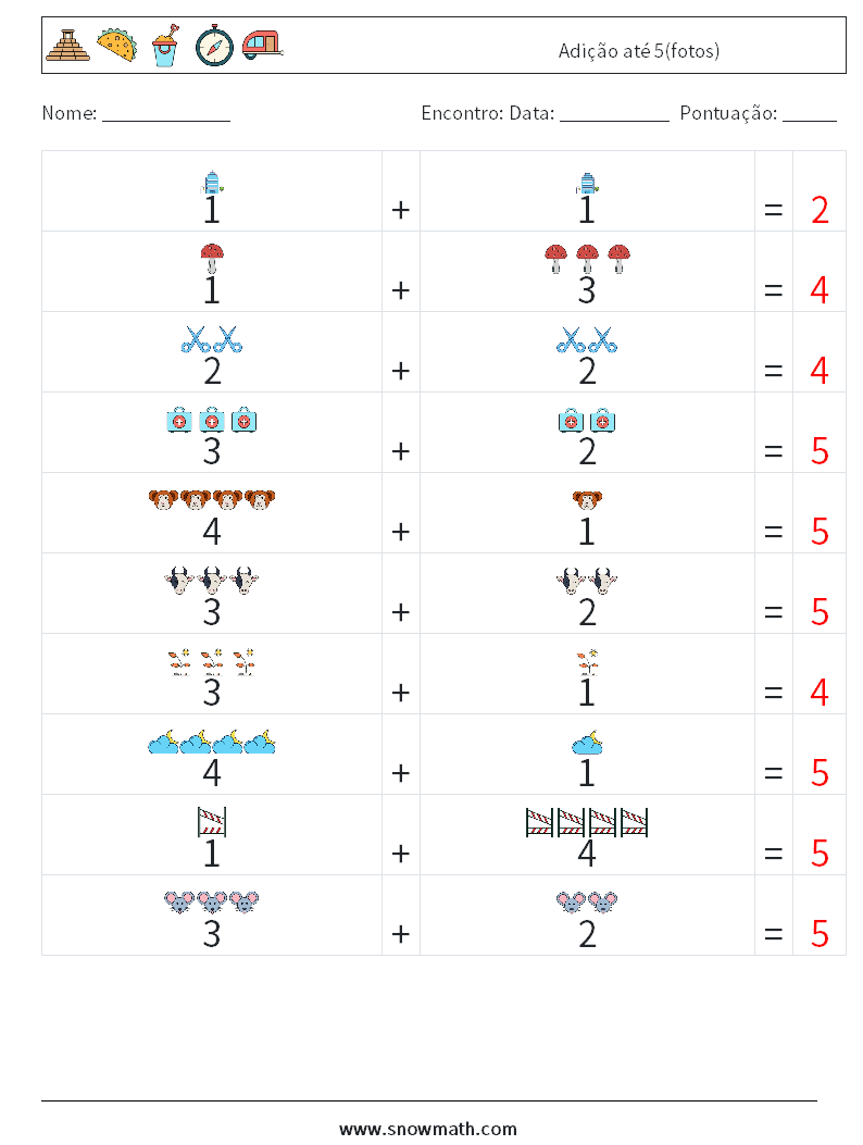 Adição até 5(fotos) planilhas matemáticas 13 Pergunta, Resposta