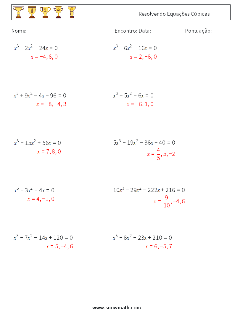 Resolvendo Equações Cúbicas planilhas matemáticas 6 Pergunta, Resposta