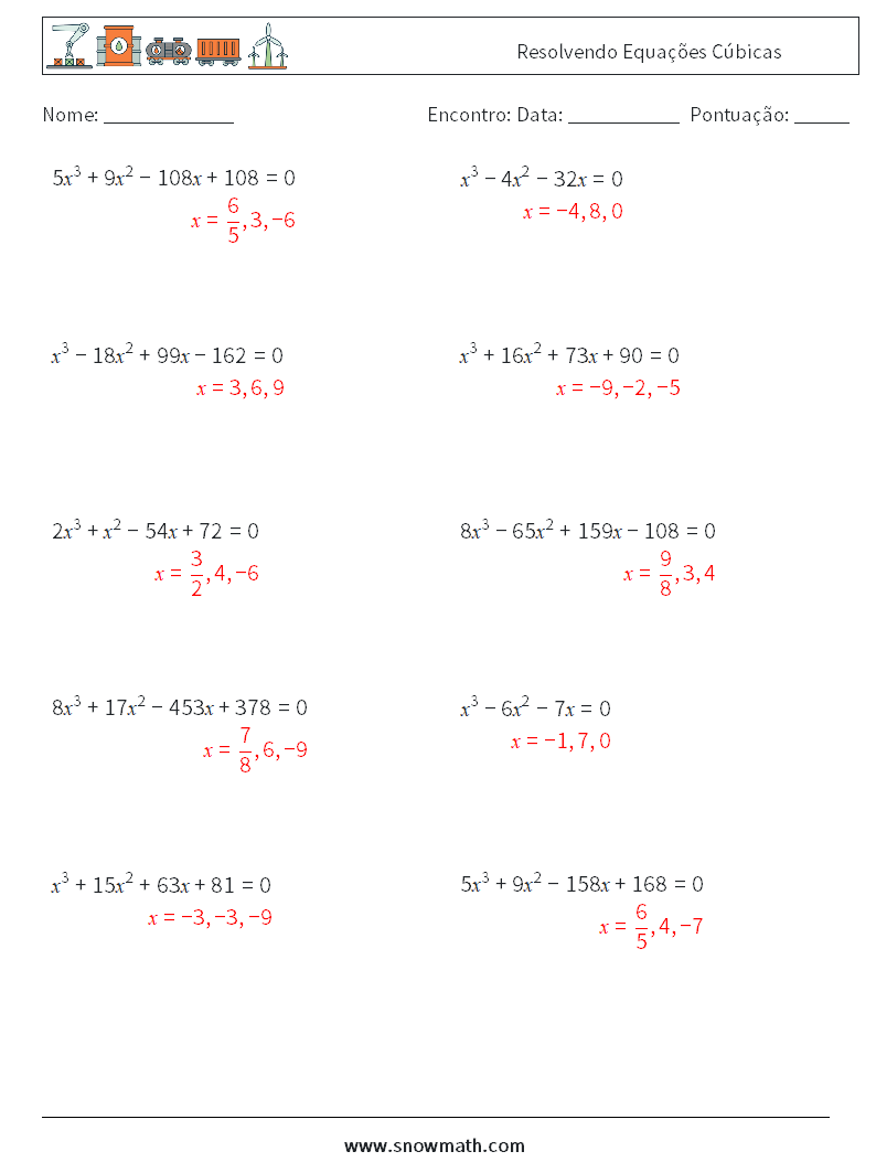 Resolvendo Equações Cúbicas planilhas matemáticas 7 Pergunta, Resposta