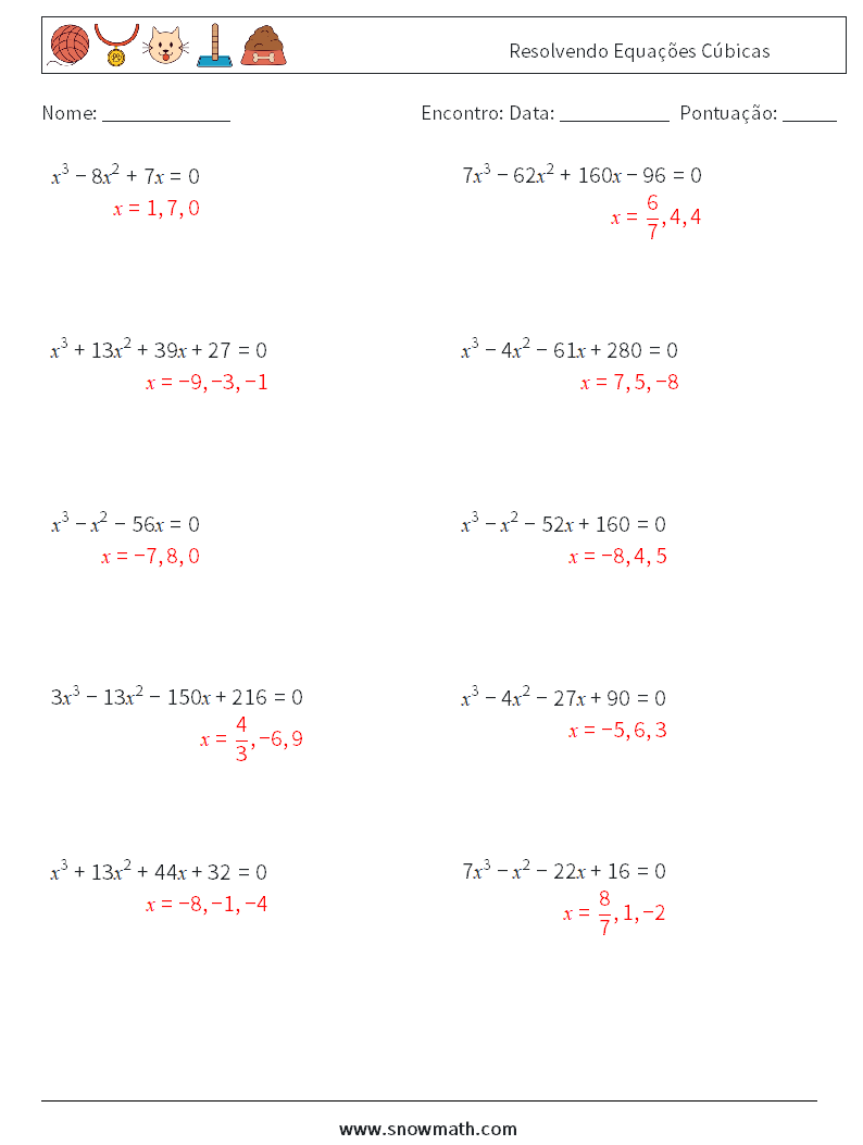 Resolvendo Equações Cúbicas planilhas matemáticas 8 Pergunta, Resposta