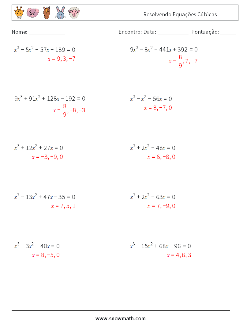 Resolvendo Equações Cúbicas planilhas matemáticas 9 Pergunta, Resposta