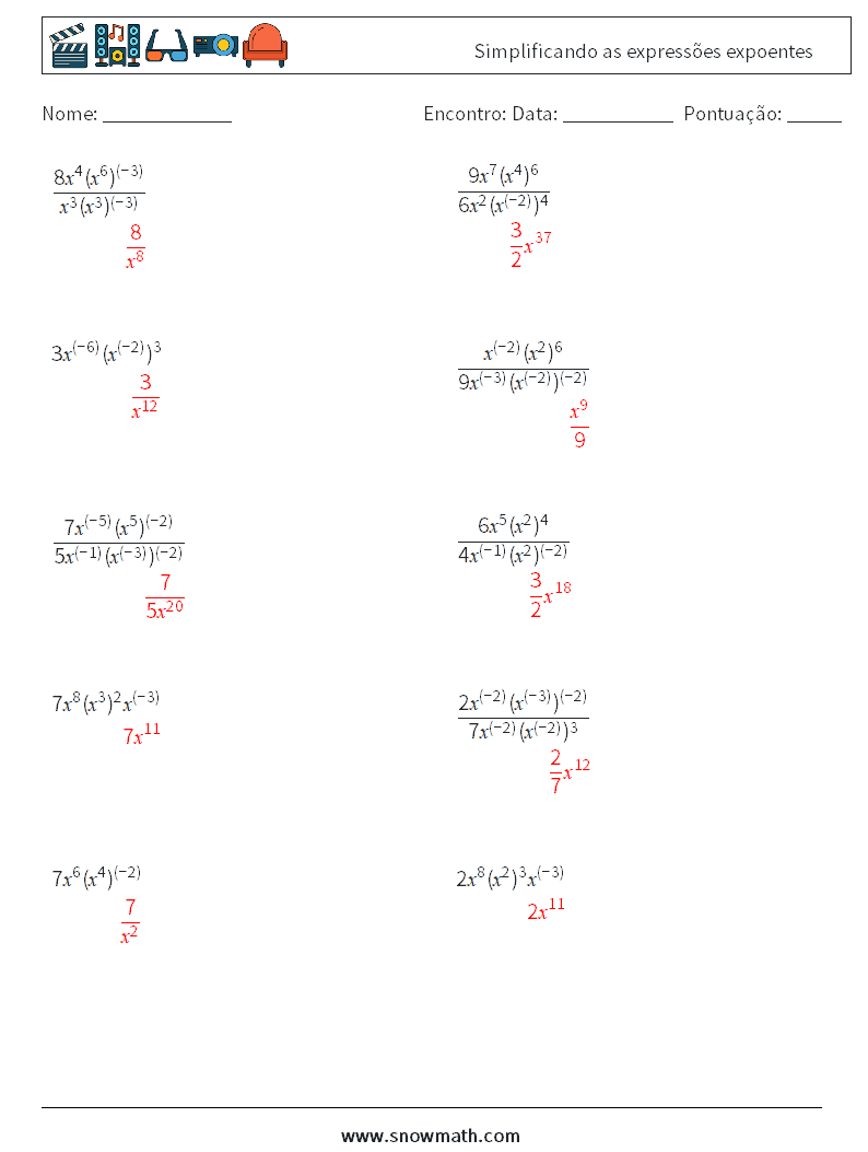  Simplificando as expressões expoentes planilhas matemáticas 6 Pergunta, Resposta