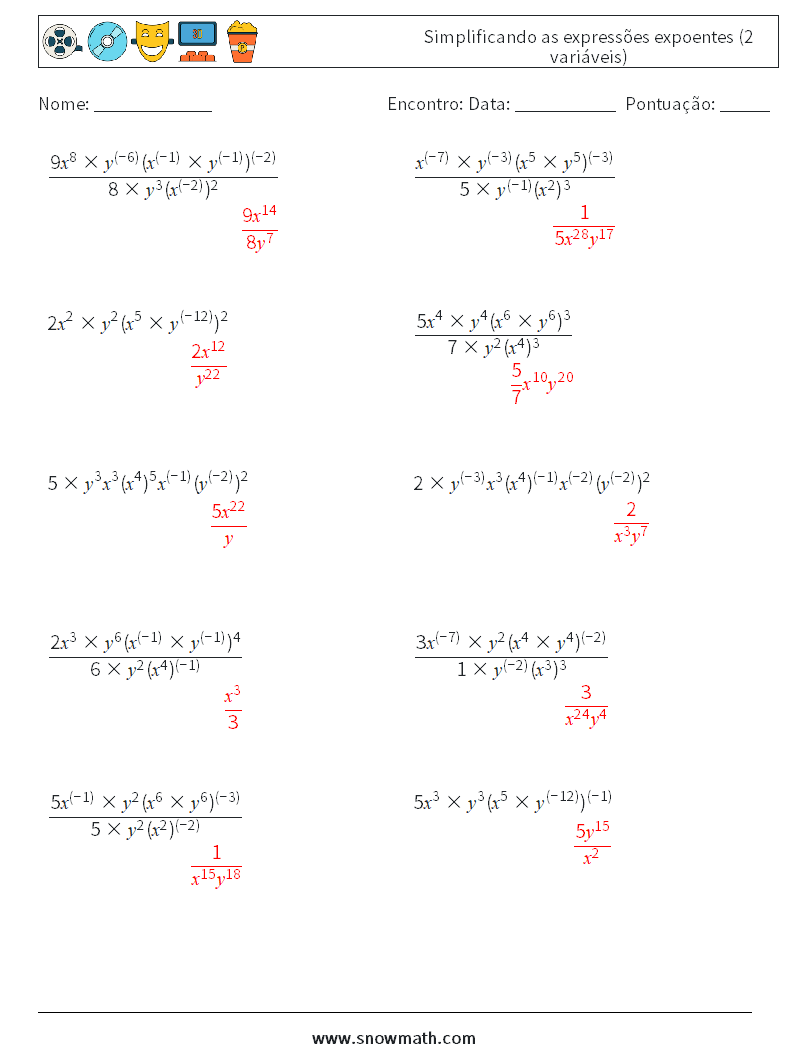  Simplificando as expressões expoentes (2 variáveis) planilhas matemáticas 1 Pergunta, Resposta
