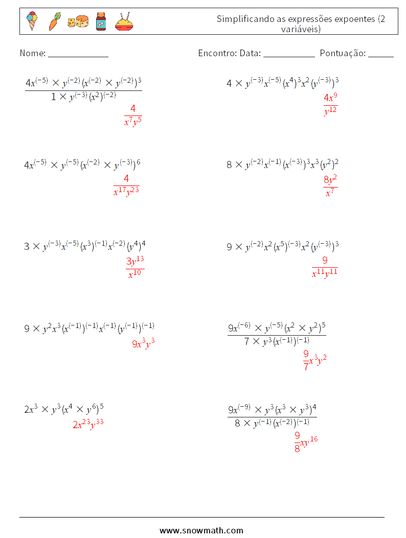  Simplificando as expressões expoentes (2 variáveis) planilhas matemáticas 3 Pergunta, Resposta