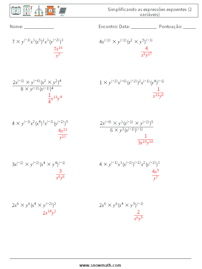  Simplificando as expressões expoentes (2 variáveis) planilhas matemáticas 4 Pergunta, Resposta