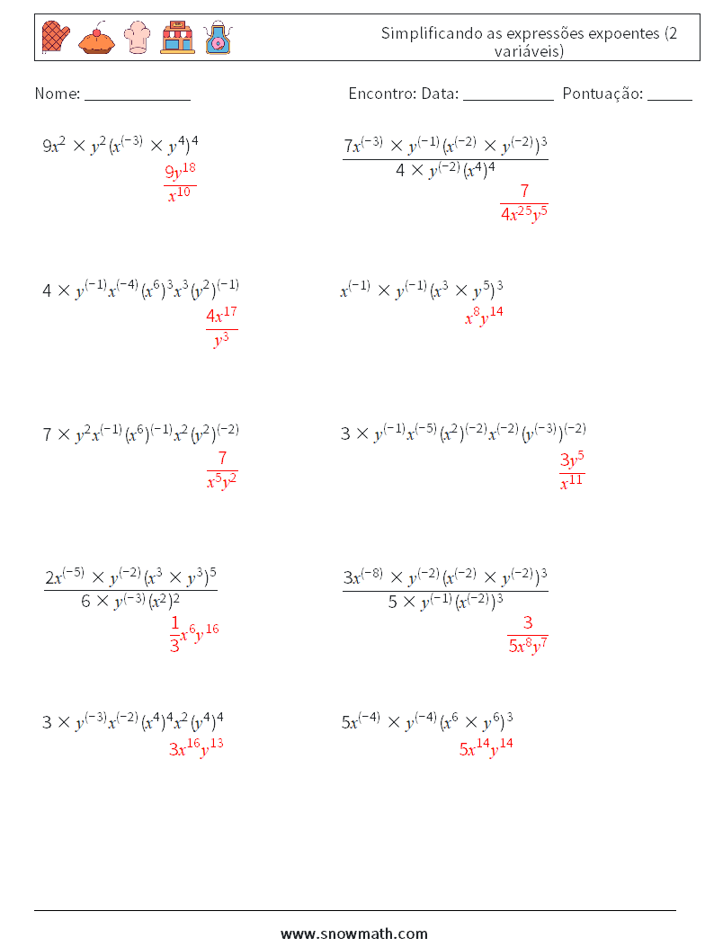  Simplificando as expressões expoentes (2 variáveis) planilhas matemáticas 5 Pergunta, Resposta