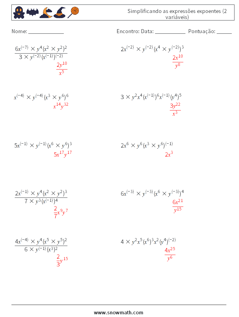  Simplificando as expressões expoentes (2 variáveis) planilhas matemáticas 6 Pergunta, Resposta