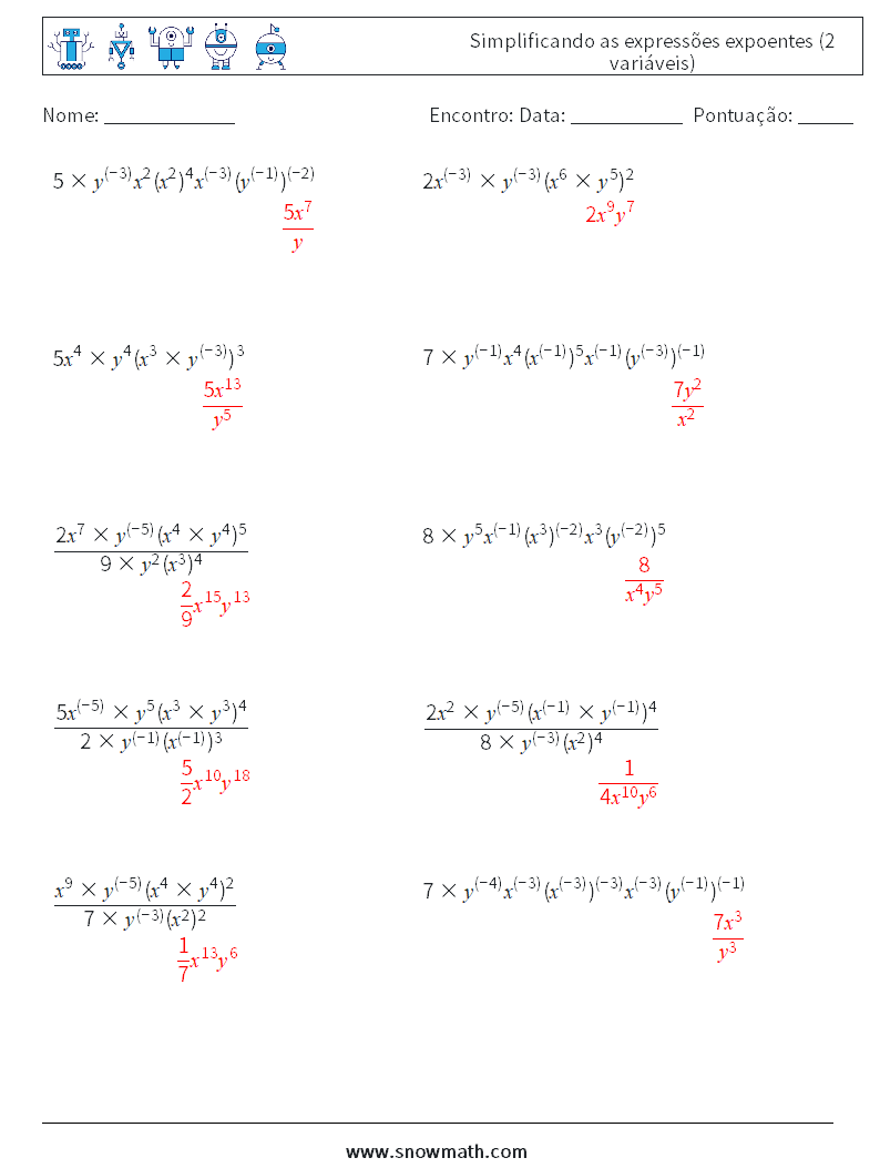  Simplificando as expressões expoentes (2 variáveis) planilhas matemáticas 7 Pergunta, Resposta