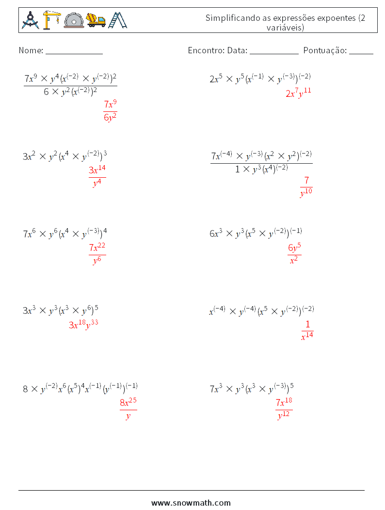  Simplificando as expressões expoentes (2 variáveis) planilhas matemáticas 8 Pergunta, Resposta