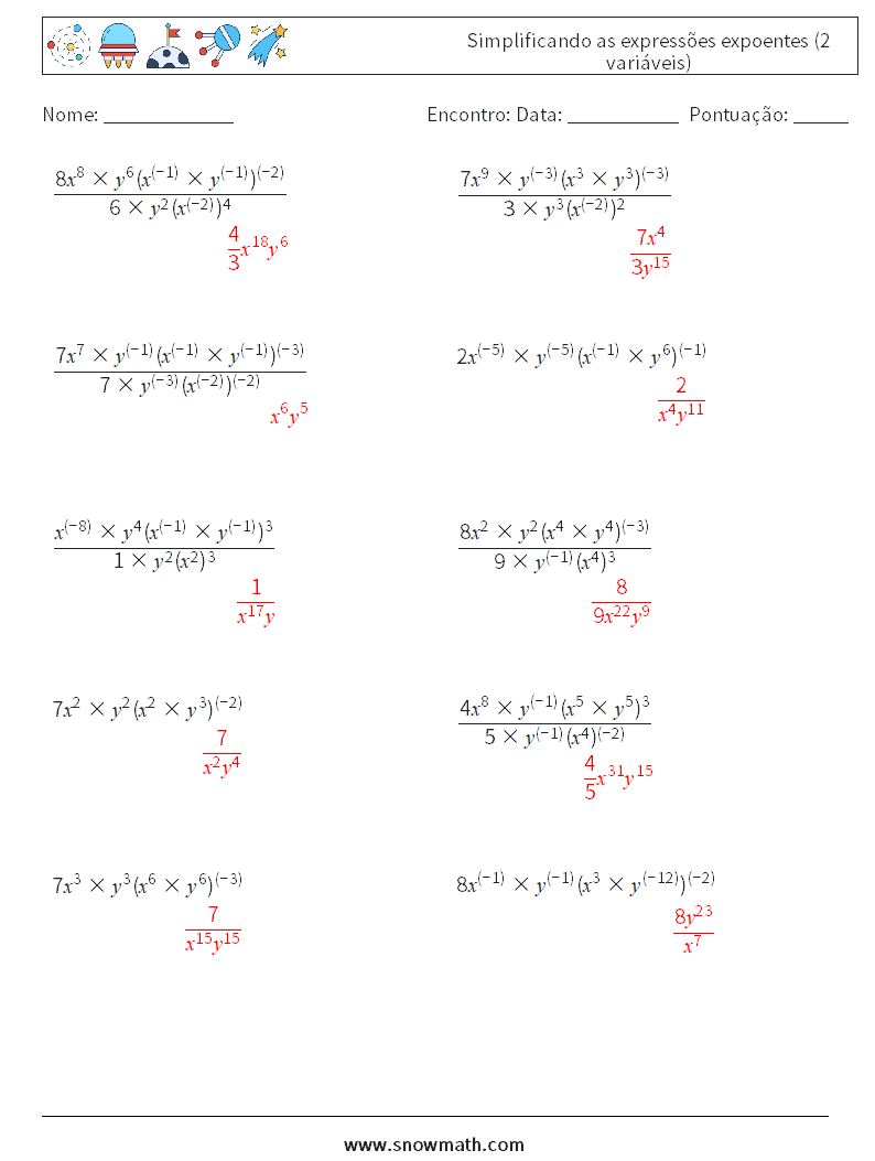  Simplificando as expressões expoentes (2 variáveis) planilhas matemáticas 9 Pergunta, Resposta