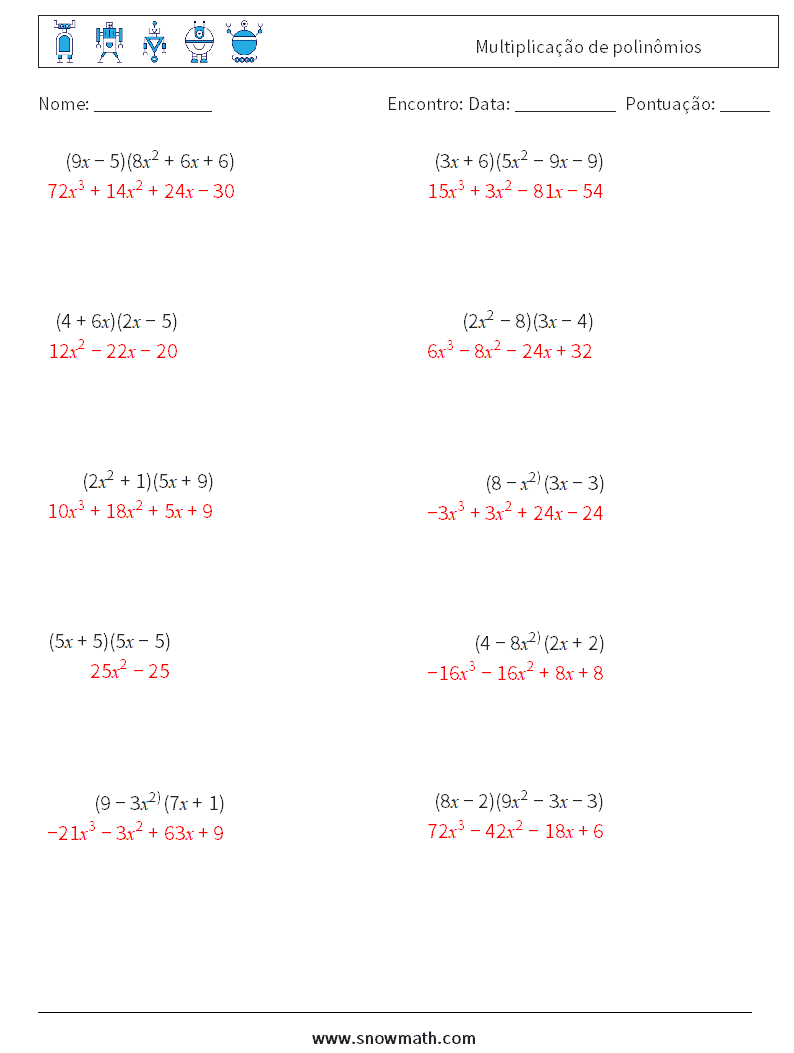 Multiplicação de polinômios planilhas matemáticas 6 Pergunta, Resposta