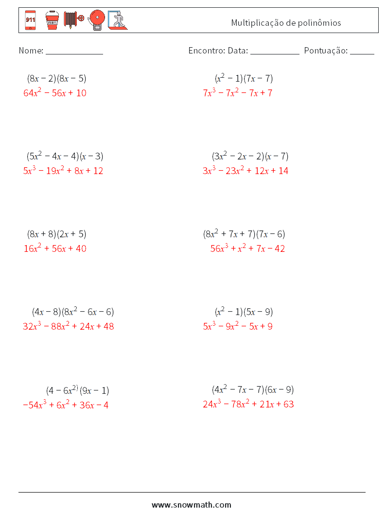 Multiplicação de polinômios planilhas matemáticas 8 Pergunta, Resposta