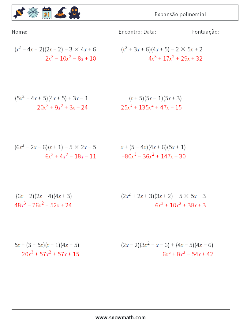 Expansão polinomial planilhas matemáticas 6 Pergunta, Resposta
