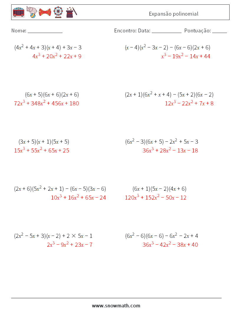 Expansão polinomial planilhas matemáticas 7 Pergunta, Resposta