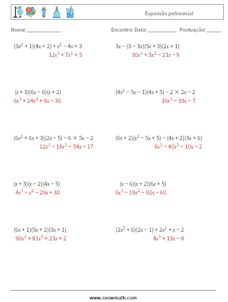 Expansão polinomial planilhas matemáticas 8 Pergunta, Resposta