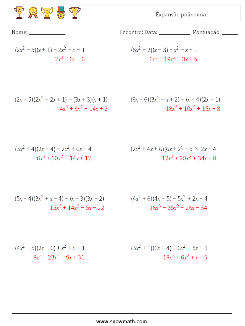 Expansão polinomial planilhas matemáticas 9 Pergunta, Resposta