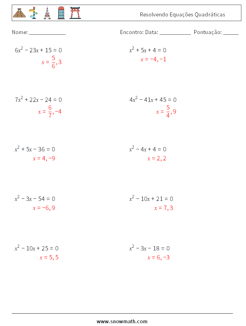 Resolvendo Equações Quadráticas planilhas matemáticas 2 Pergunta, Resposta