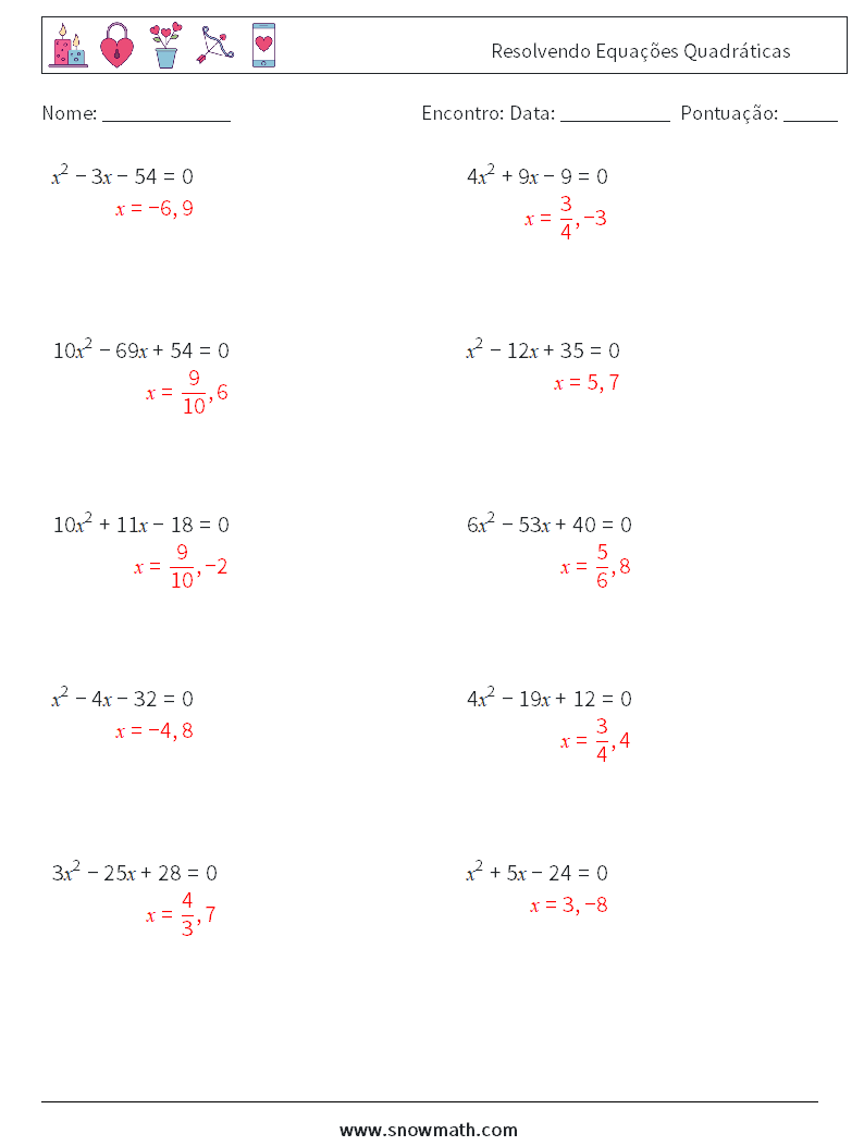 Resolvendo Equações Quadráticas planilhas matemáticas 3 Pergunta, Resposta