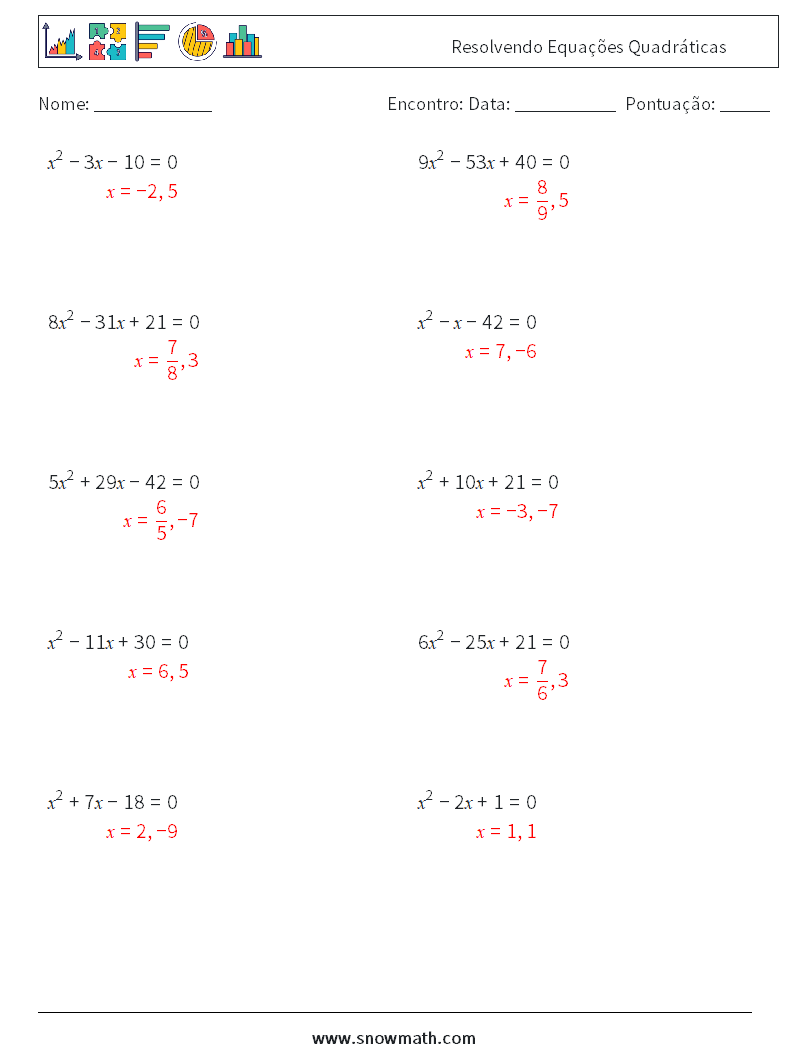 Resolvendo Equações Quadráticas planilhas matemáticas 4 Pergunta, Resposta