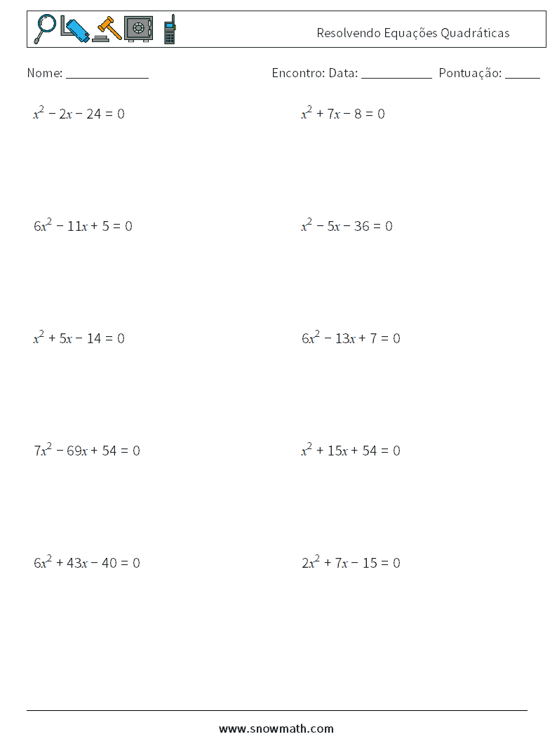 Resolvendo Equações Quadráticas planilhas matemáticas 5