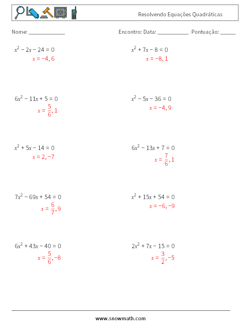 Resolvendo Equações Quadráticas planilhas matemáticas 5 Pergunta, Resposta