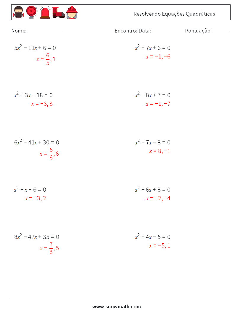 Resolvendo Equações Quadráticas planilhas matemáticas 6 Pergunta, Resposta