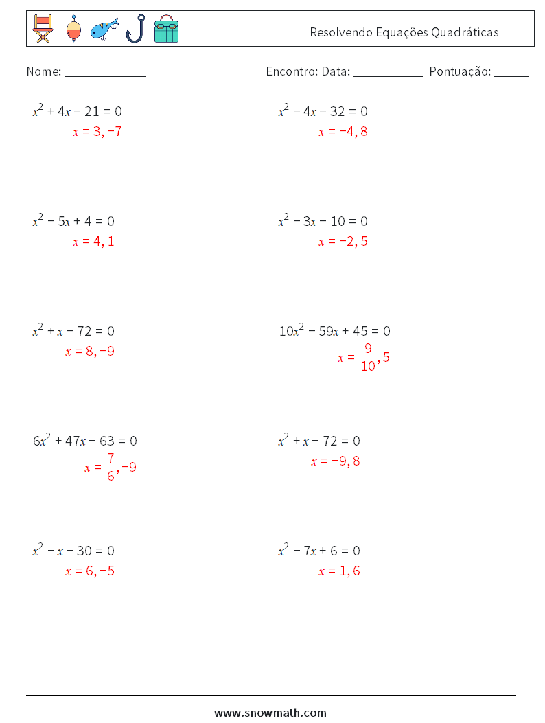 Resolvendo Equações Quadráticas planilhas matemáticas 7 Pergunta, Resposta