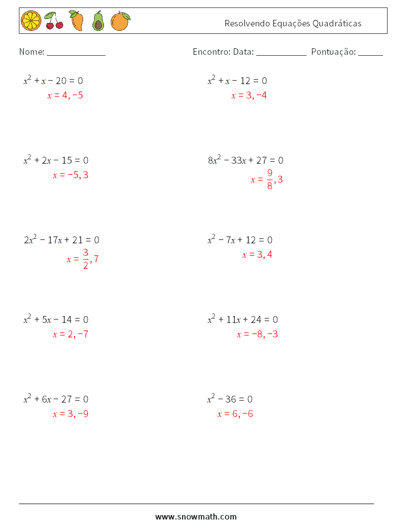 Resolvendo Equações Quadráticas planilhas matemáticas 8 Pergunta, Resposta