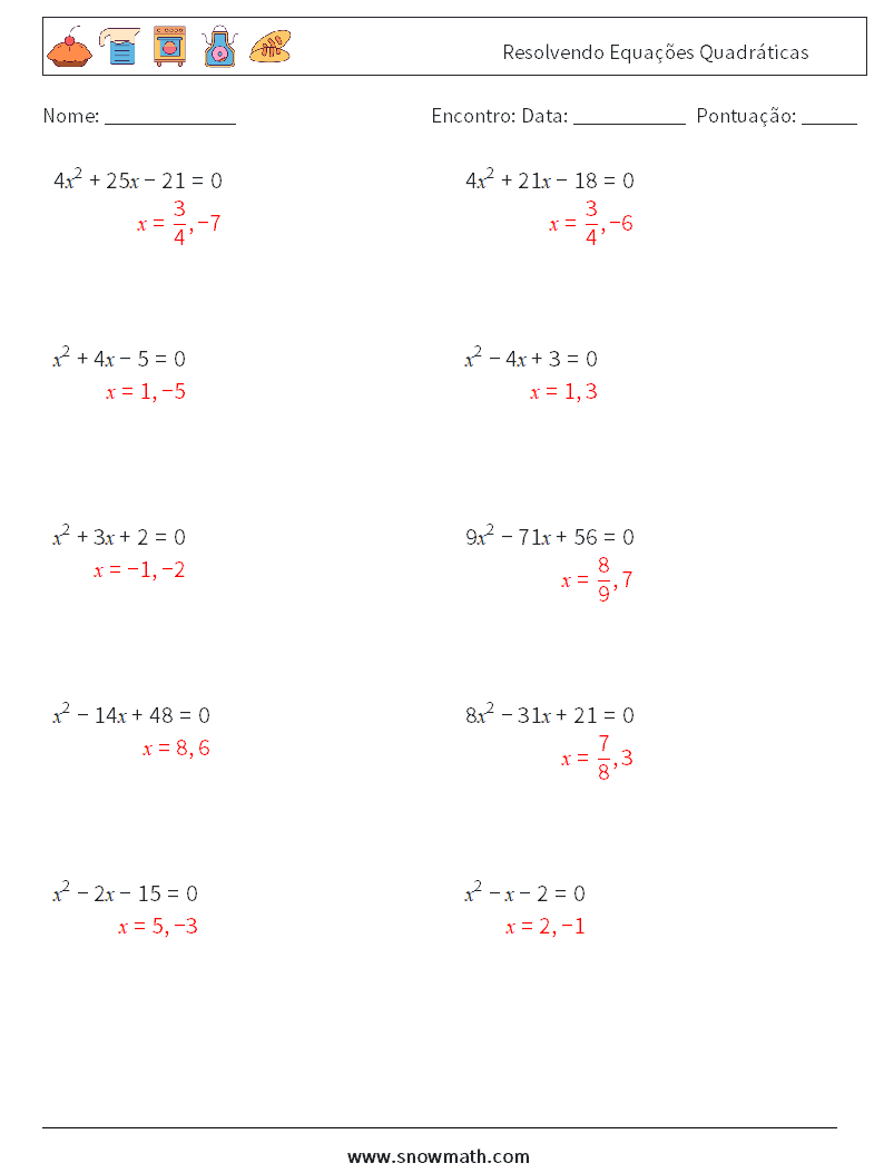 Resolvendo Equações Quadráticas planilhas matemáticas 9 Pergunta, Resposta