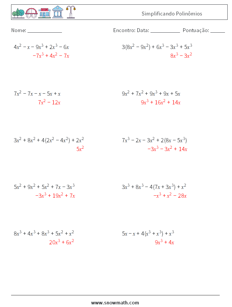 Simplificando Polinômios planilhas matemáticas 2 Pergunta, Resposta